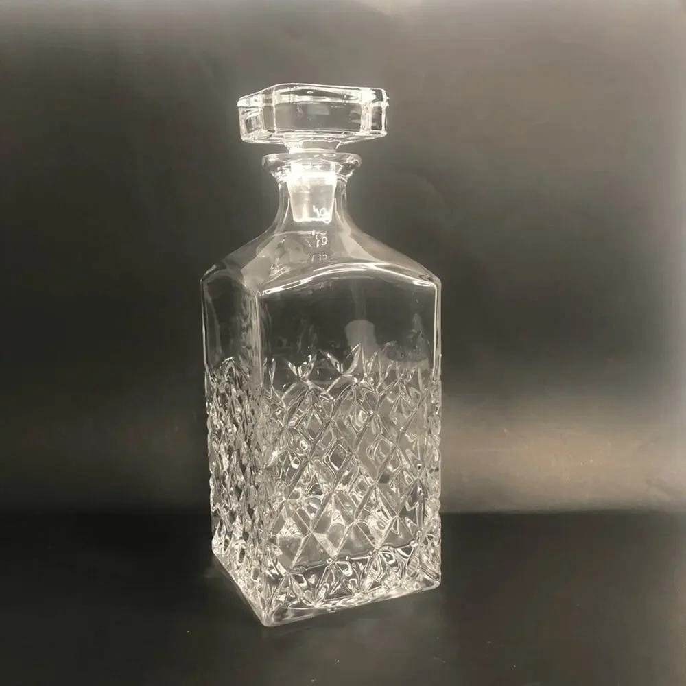 mid‎ century decanter heavy glass hatch diamond pattern square lid 9.5 inches